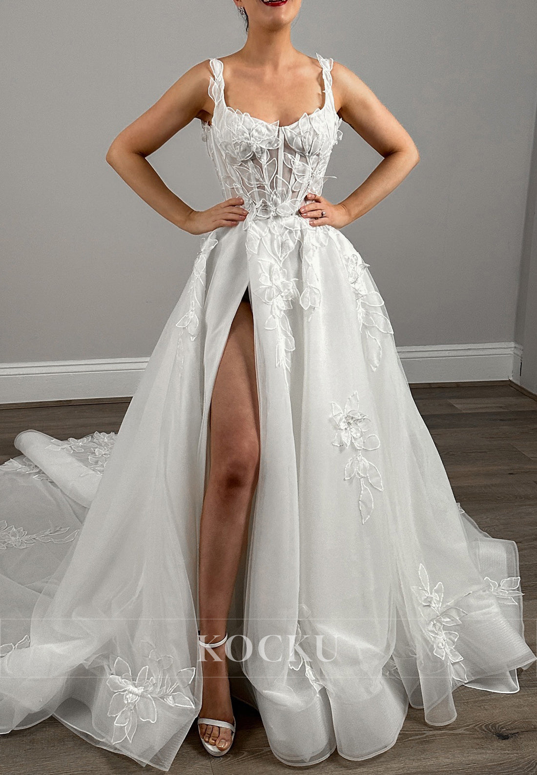 Spaghetti - Strap Backless Tulle Wedding Dress with 3D Floral Appliqués & High Slit