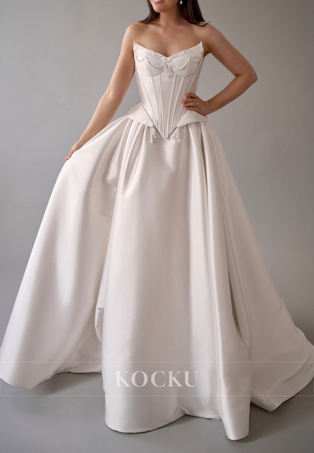 Strapless Satin Ball Gown Wedding Dress with Corset Bodice & Pearl Embellishments