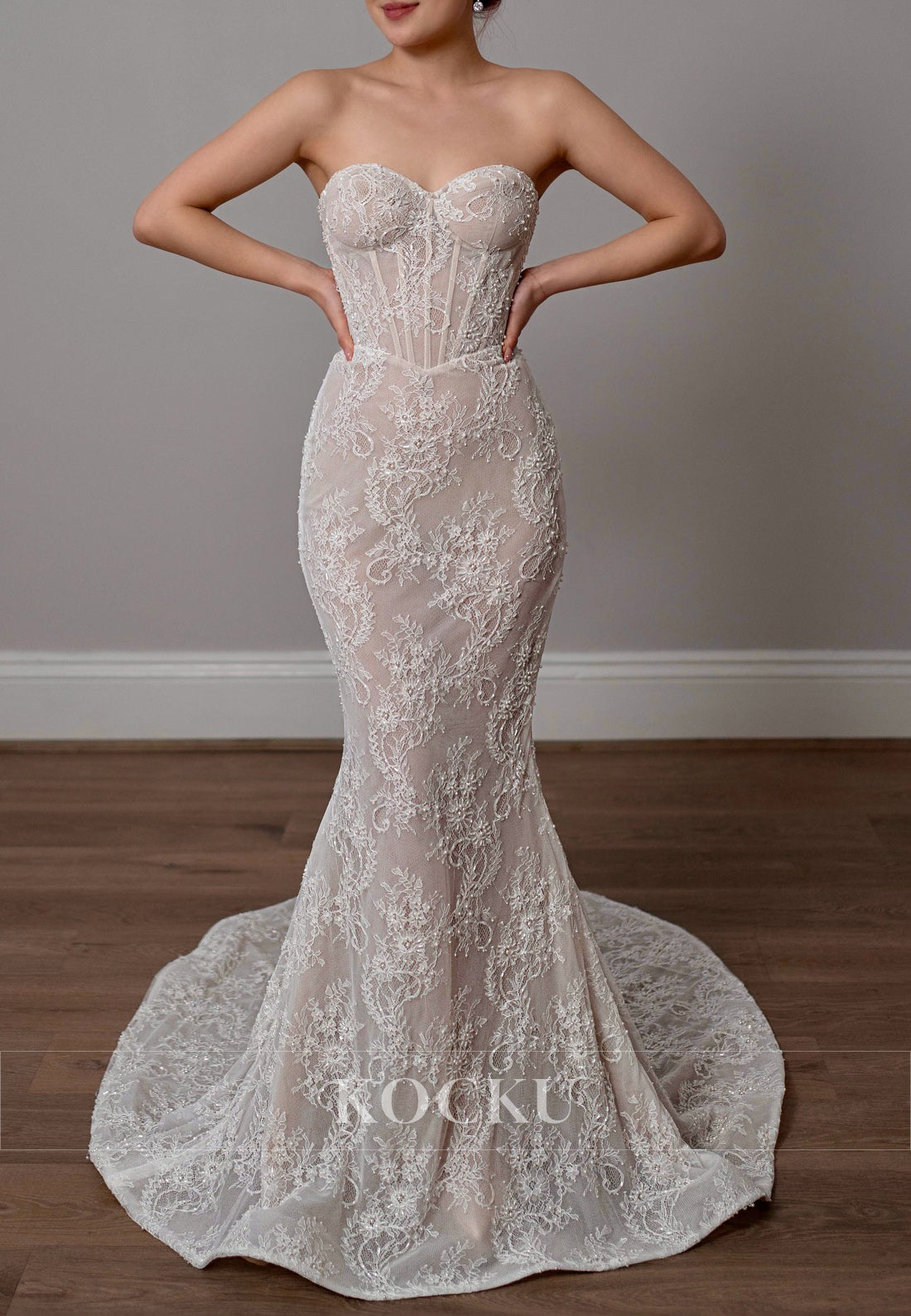 Strapless Lace Mermaid Wedding Dress with Sheer Corset & Train