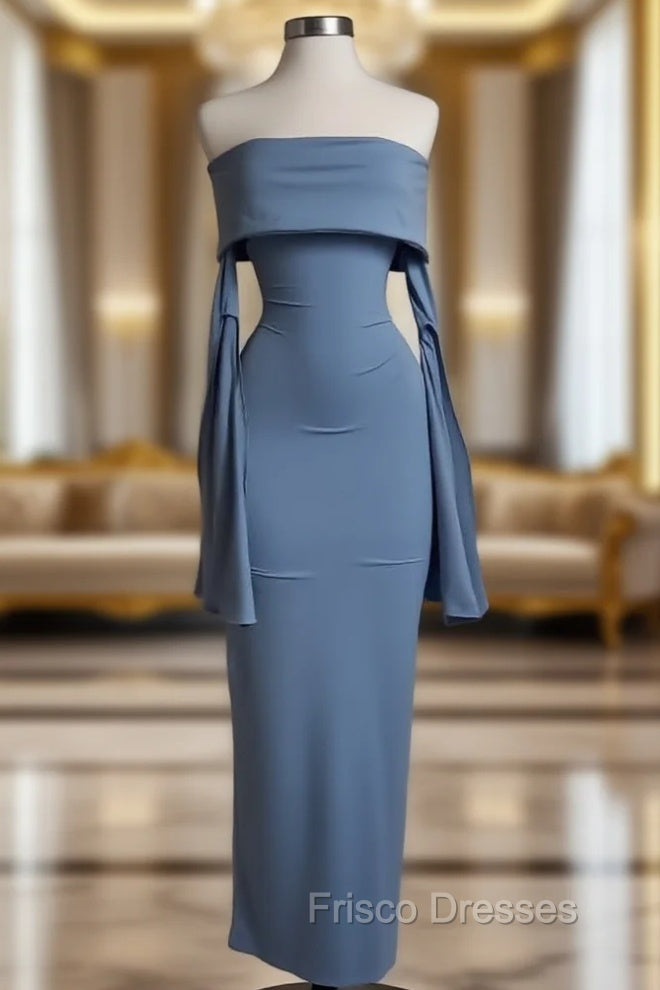 Blue Strapless Formal Prom Dress Long Sleeve Bodycon Party Dress