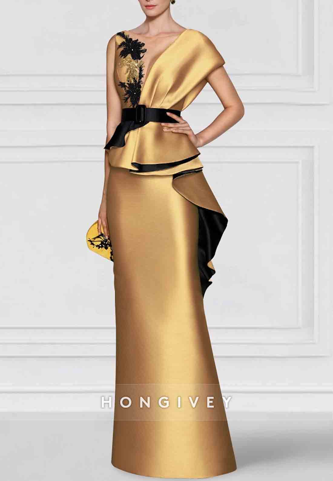Waistband Appliqued Column Floor-Length V Neck Satin  Mother of the Bride