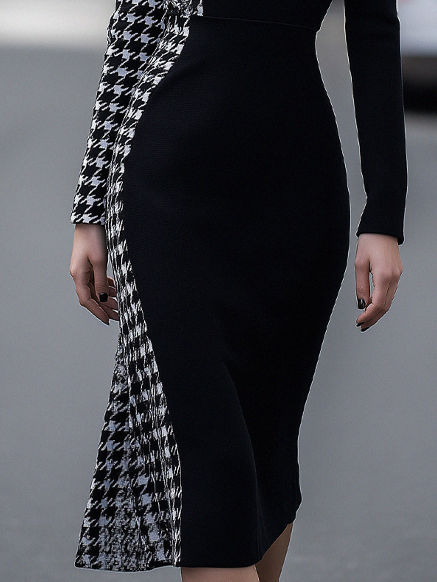 Elegant Houndstooth Paneled Bodycon Midi Dress
