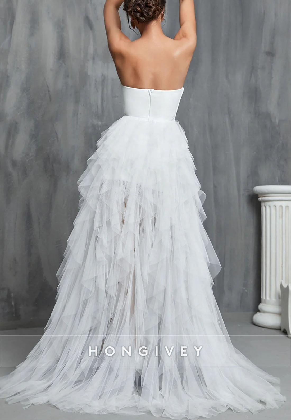Sweetheart High Slit Sweep Train Strapless Wedding Dresses with Ruffles