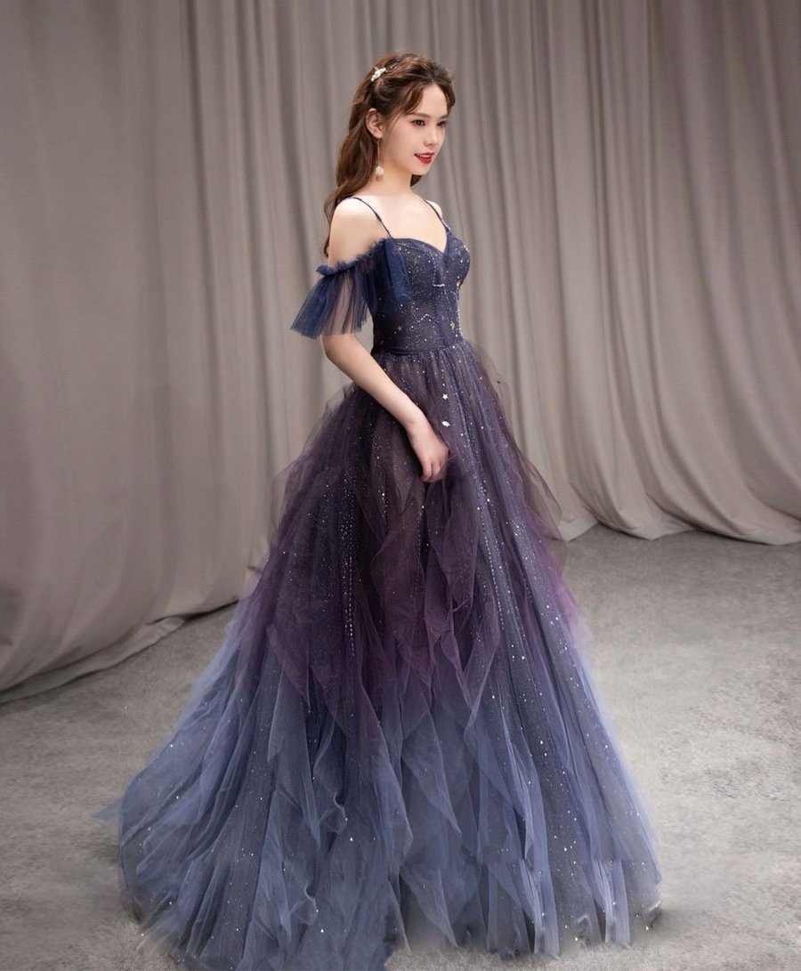 Dark Starry Sky Purple Tulle Long Prom Dress Purple Evening Dress