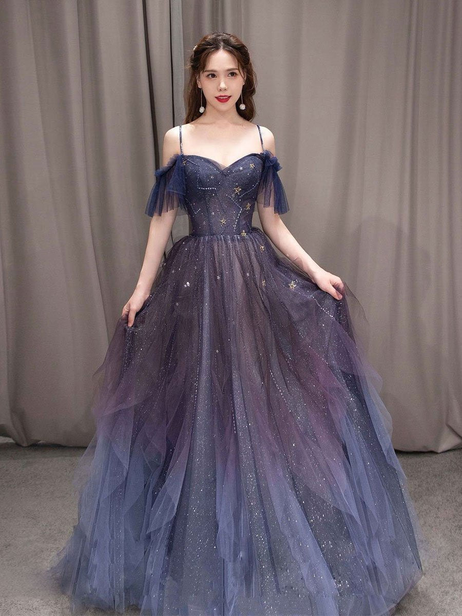 Dark Starry Sky Purple Tulle Long Prom Dress Purple Evening Dress