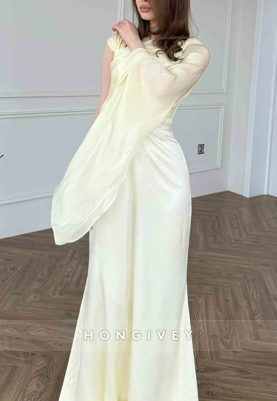 Side Draping Pleated Asymmetrical Floor-Length Guest of Wedding Evening Gowns