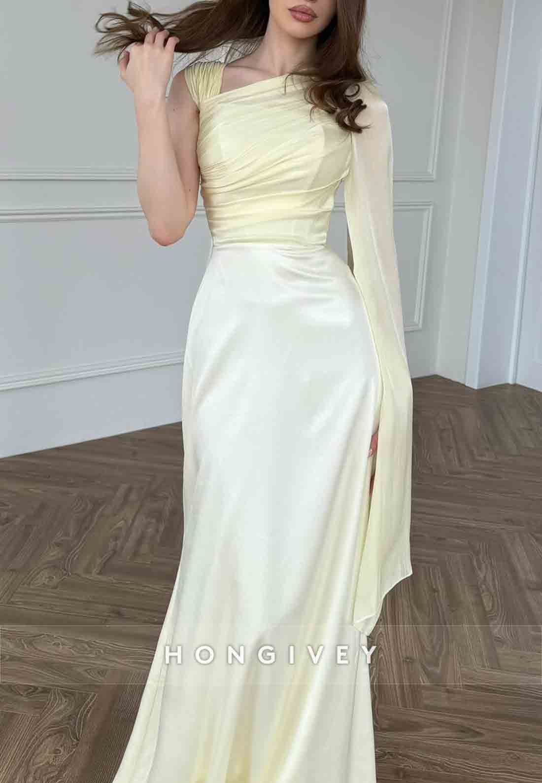 Side Draping Pleated Asymmetrical Floor-Length Guest of Wedding Evening Gowns