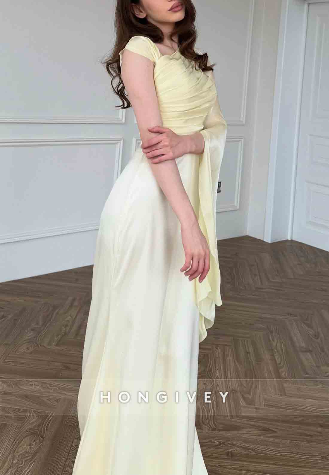 Side Draping Pleated Asymmetrical Floor-Length Guest of Wedding Evening Gowns