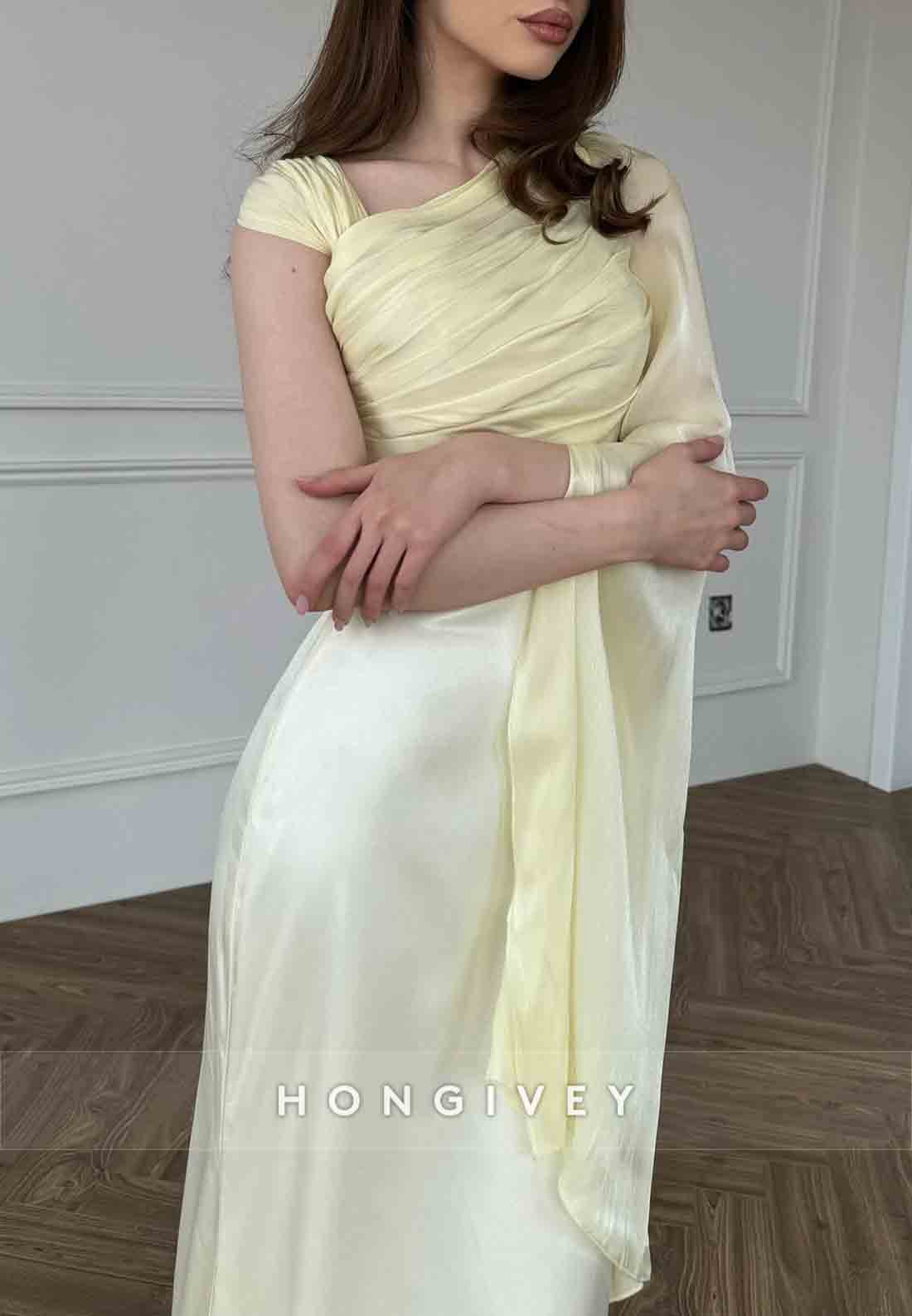 Side Draping Pleated Asymmetrical Floor-Length Guest of Wedding Evening Gowns