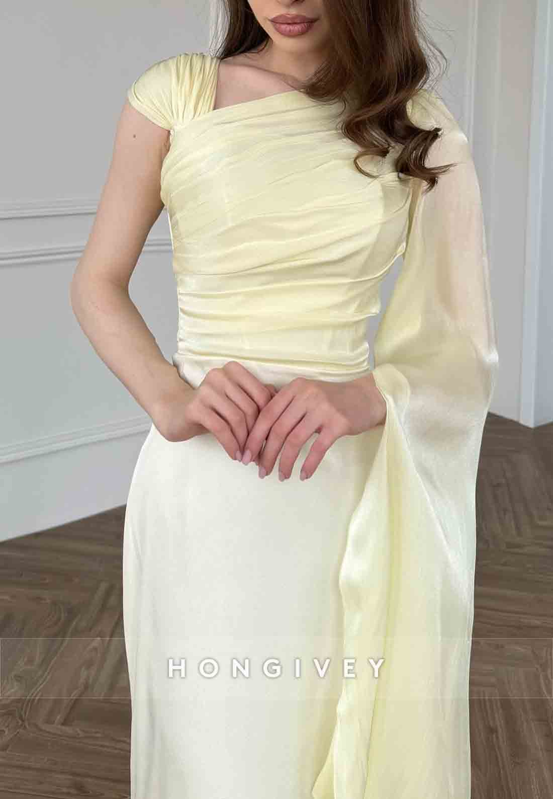 Side Draping Pleated Asymmetrical Floor-Length Guest of Wedding Evening Gowns