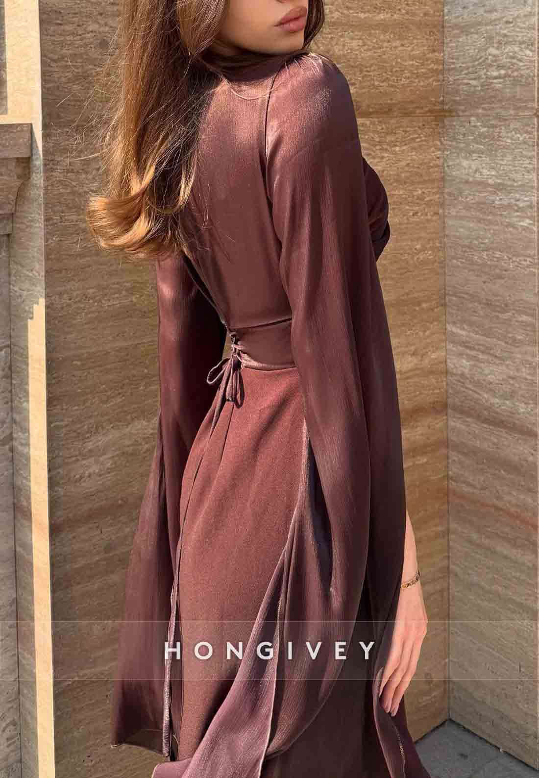 3/4 Sleeve Floor-Length Trumpet Scoop Pleated Evening Gown