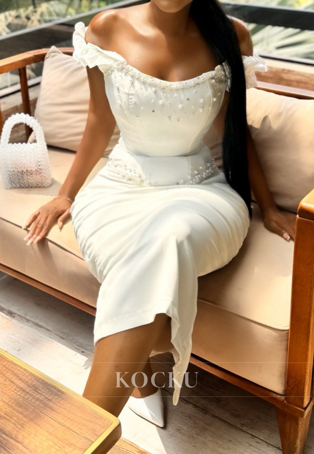 Charming Off -Shoulder Bodycon Midi Dress with Pearl Detailing and Ruffled Straps