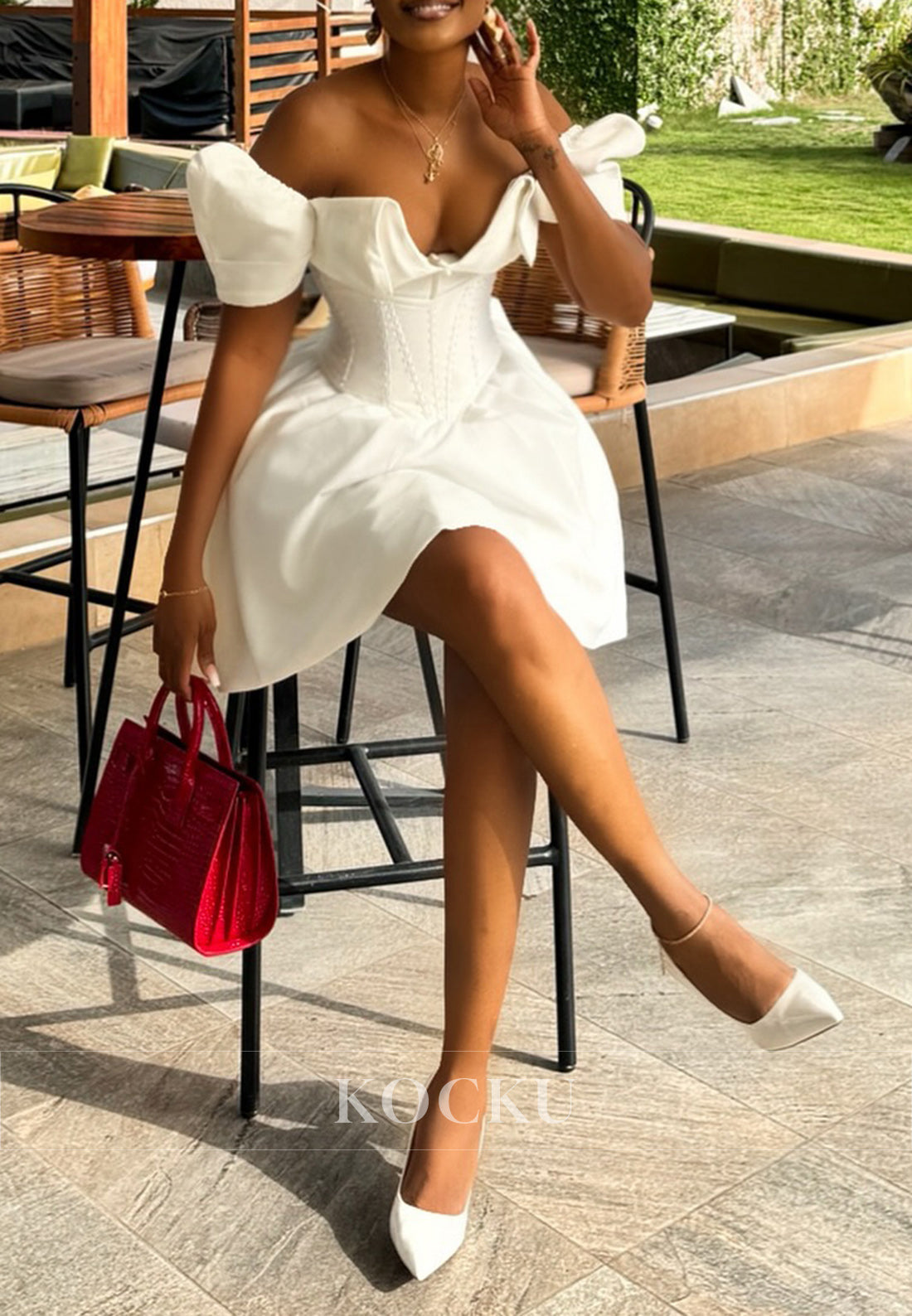 White Off-the-Shoulder Corset Bodice Mini Wedding Dress with Puff Sleeves