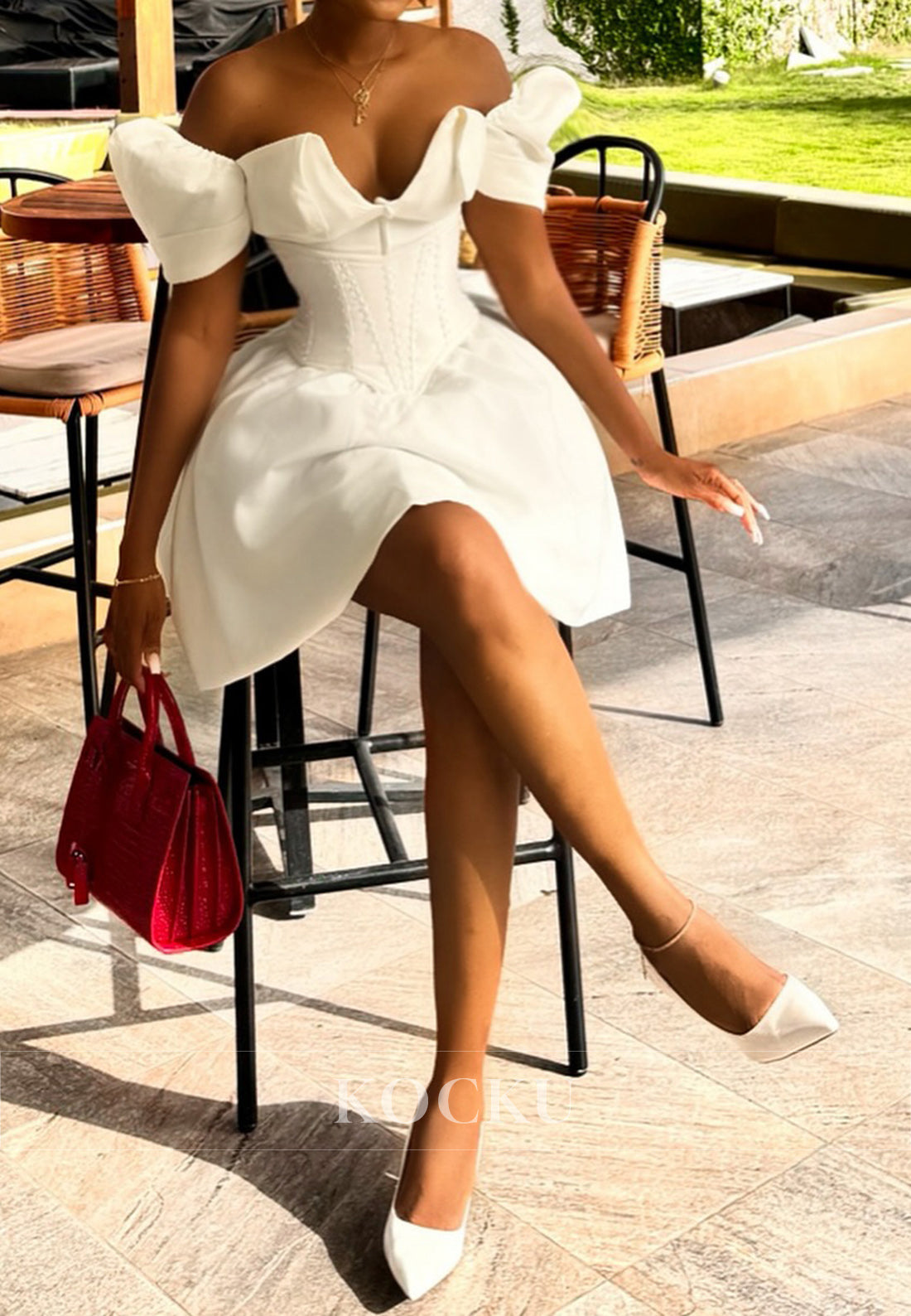 White Off-the-Shoulder Corset Bodice Mini Wedding Dress with Puff Sleeves