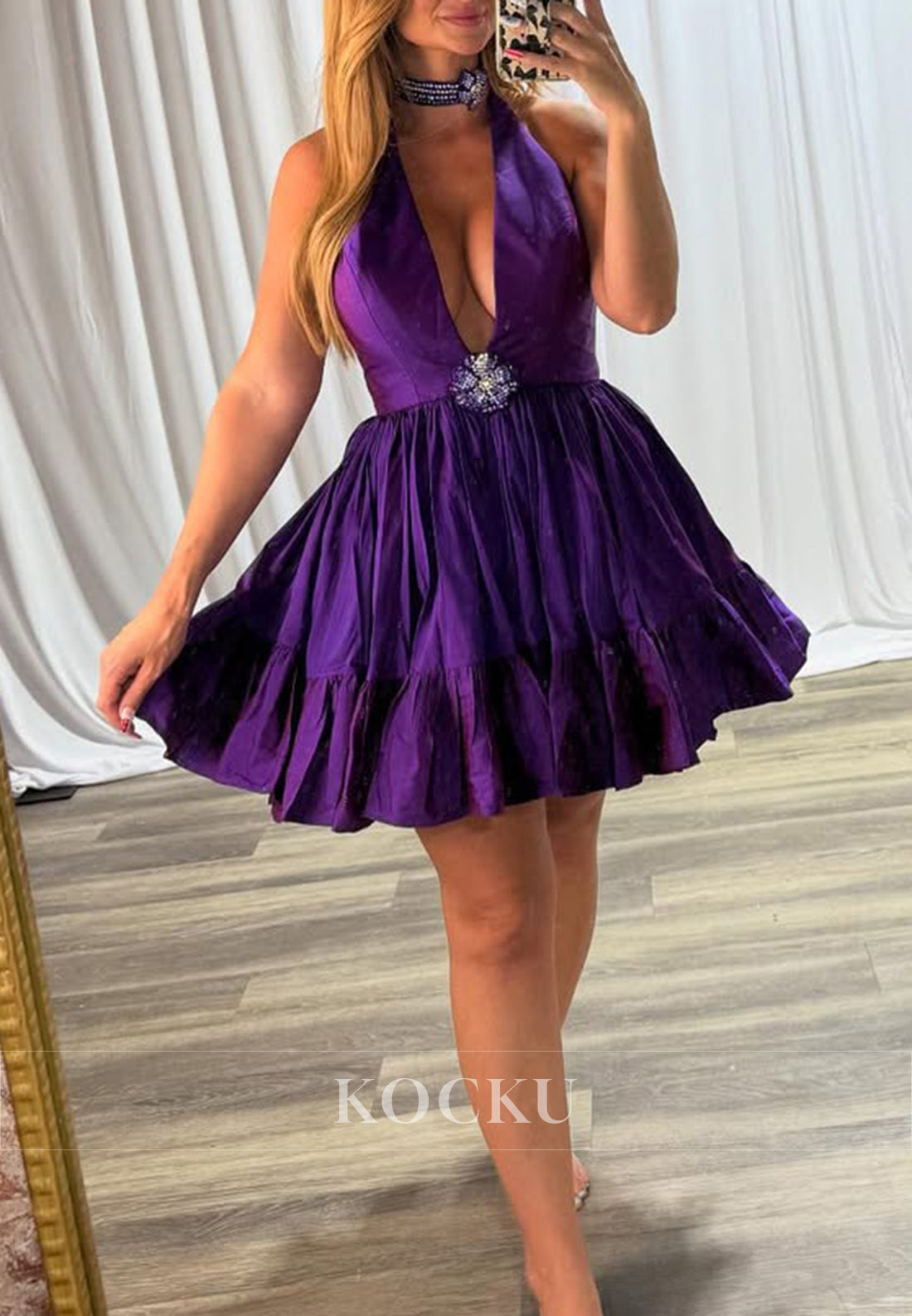 A-Line Halter Rhinestone Embellished Pleated Homecoming Dresses