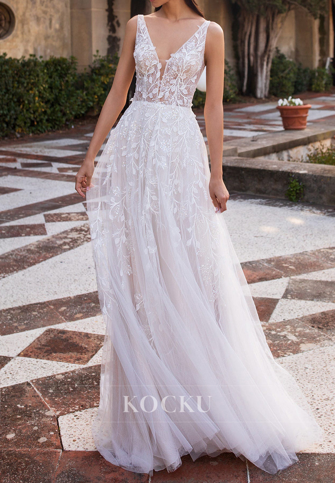 Deep V - Neck Lace Embroidered Tulle Wedding Dress with Open Back