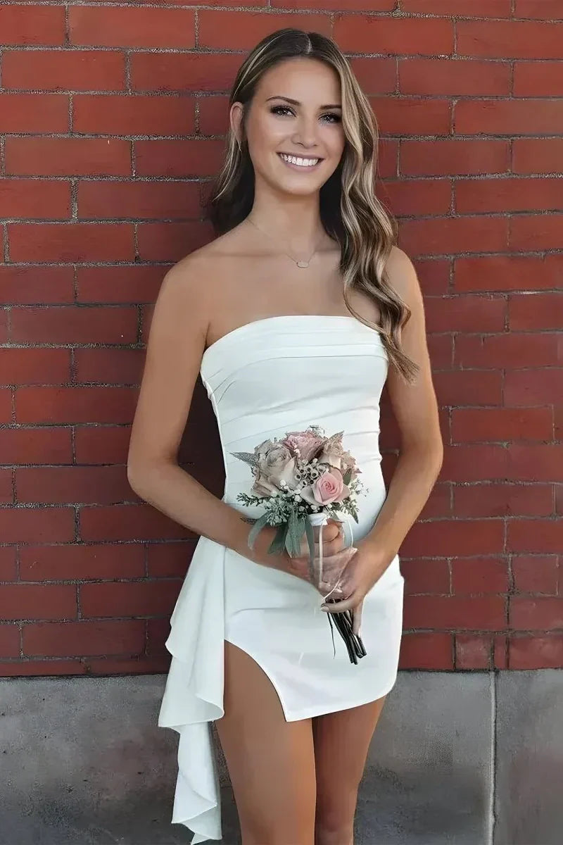 Stylish Bodycon Strapless Blue Satin Short Homecoming Dress with Ruched