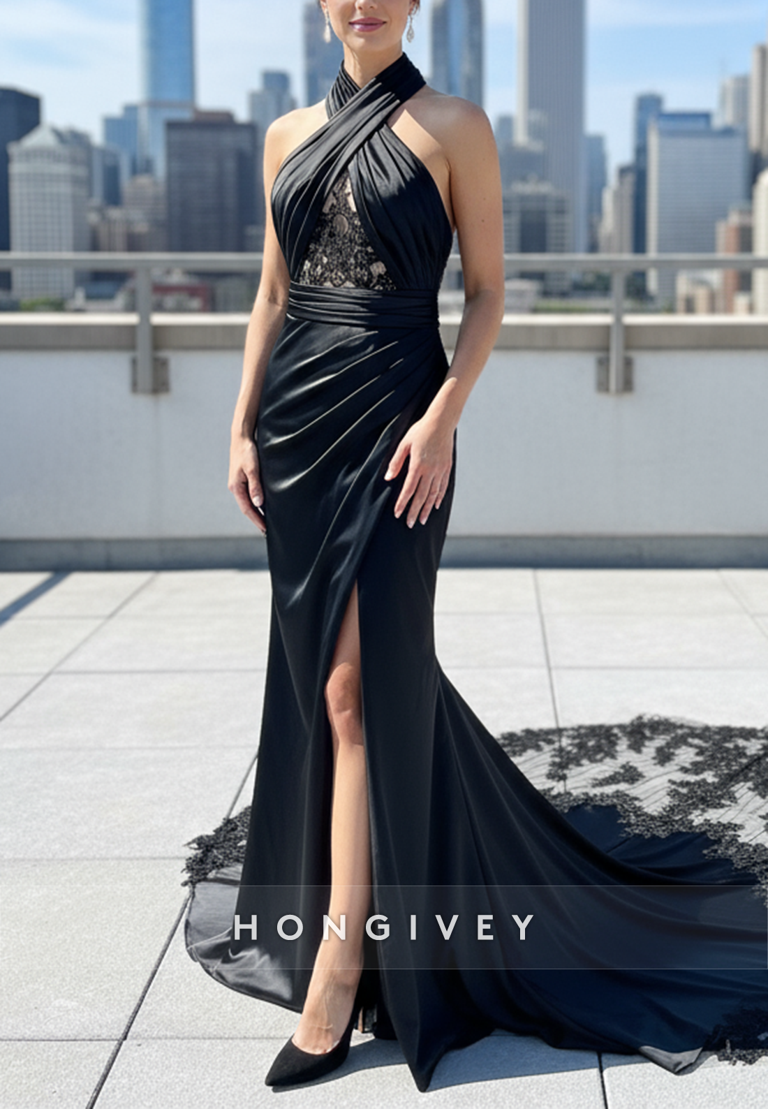 Halter Neck Lace Pleated Open Back Mermaid Black Wedding Dresses with High Slit