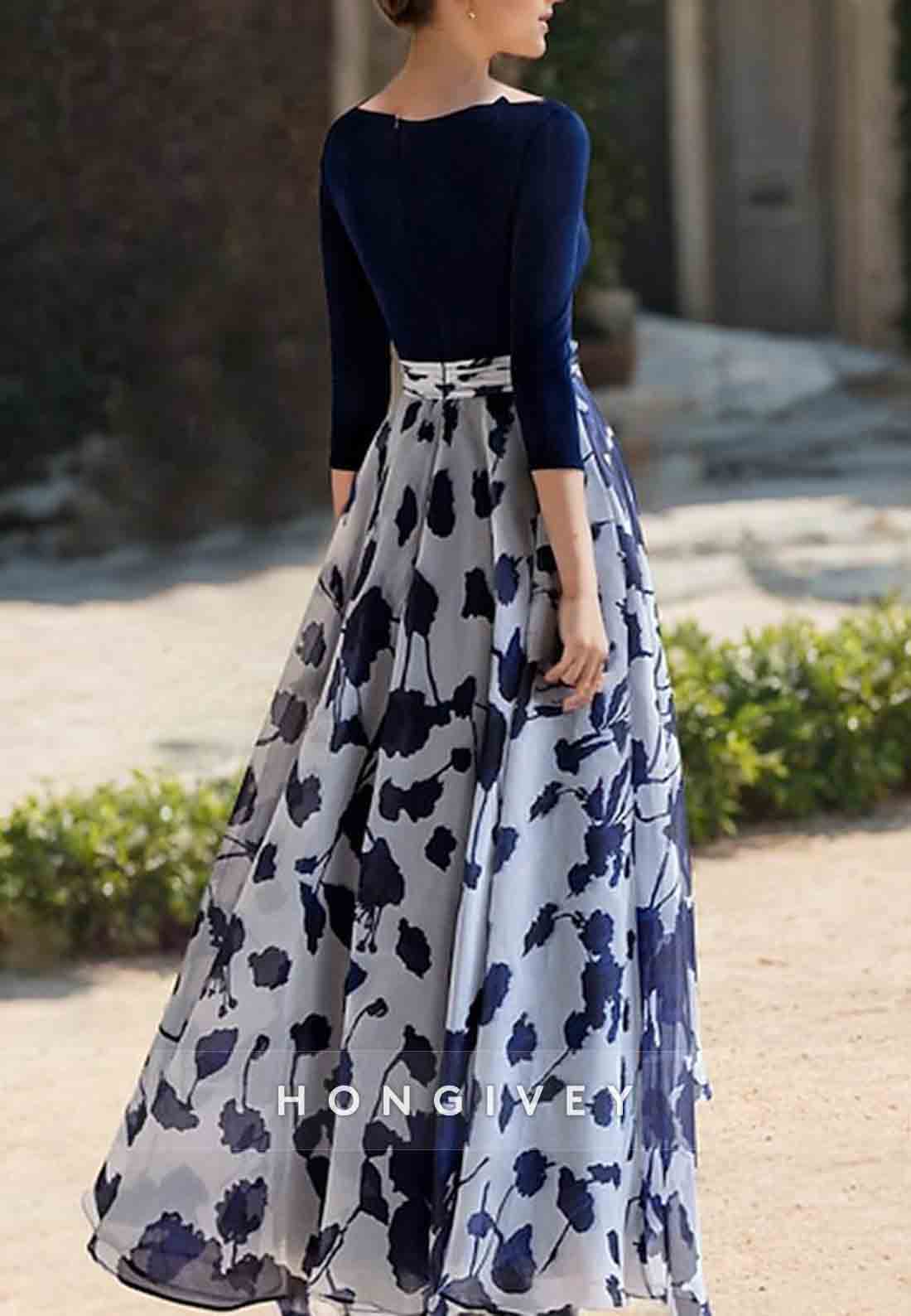 A-line V Neck Pleated Asymmetrical Flower Floral Print 3/4 Sleeve Mother of the Bride