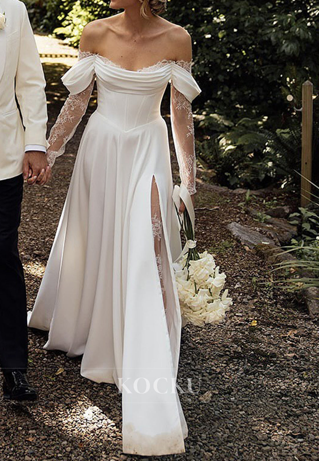 White Cold-Shoulder Ruched Lace-Up A-Line Wedding Dress with Lace Sleeves and Split
