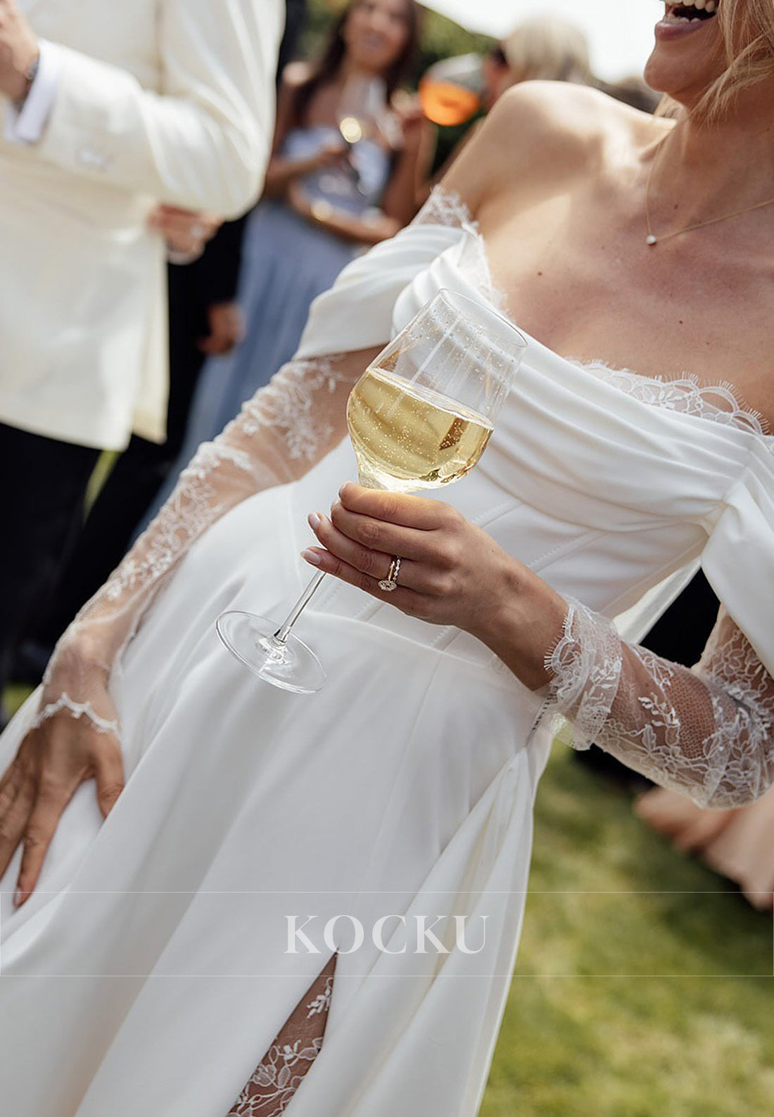 White Cold-Shoulder Ruched Lace-Up A-Line Wedding Dress with Lace Sleeves and Split
