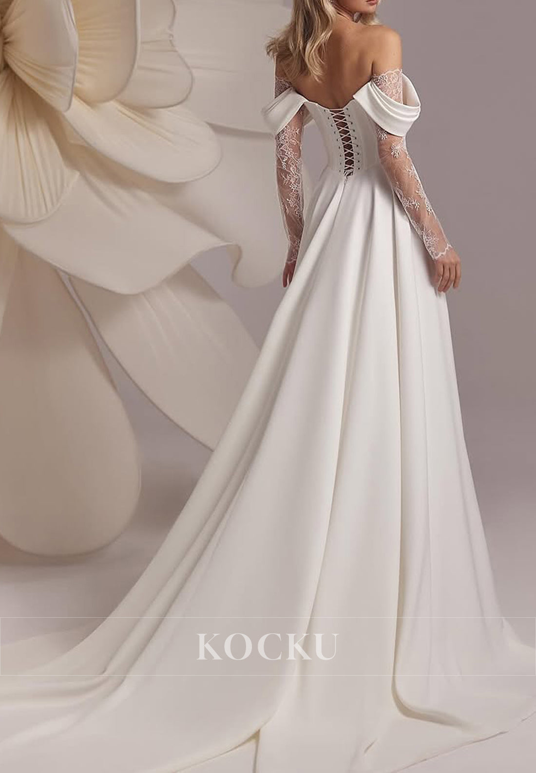 White Cold-Shoulder Ruched Lace-Up A-Line Wedding Dress with Lace Sleeves and Split