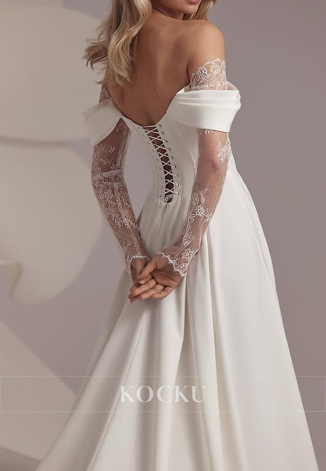 White Cold-Shoulder Ruched Lace-Up A-Line Wedding Dress with Lace Sleeves and Split