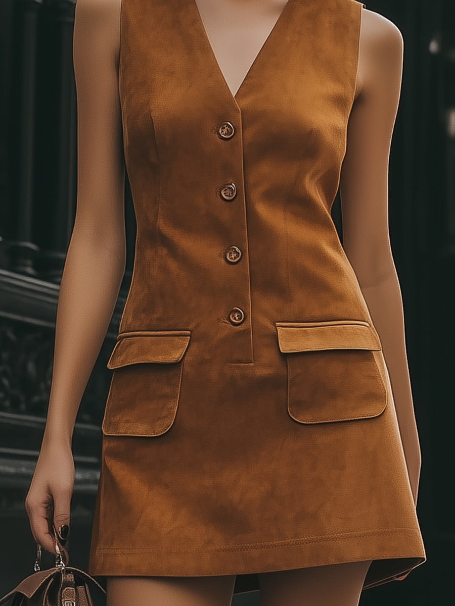 Vintage Button  Sleeveless Mini Dress