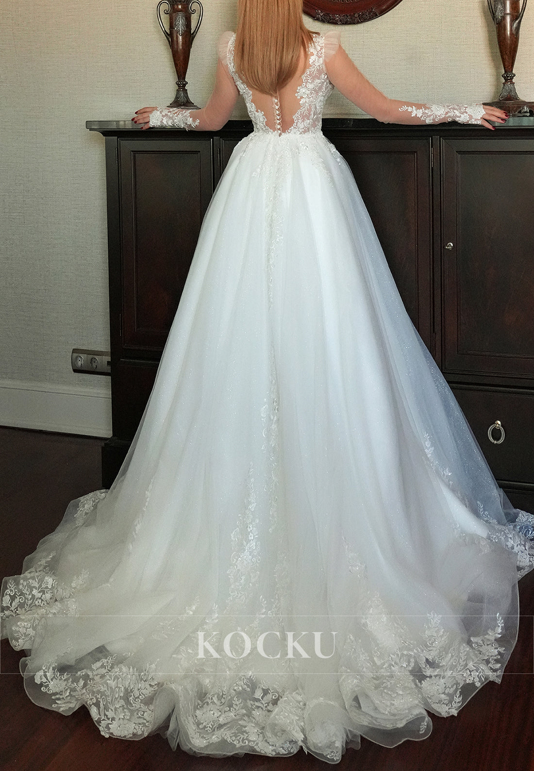 Romantic Sheer Sleeve & Back Tulle Wedding Dress with Lace Embroidery & Train