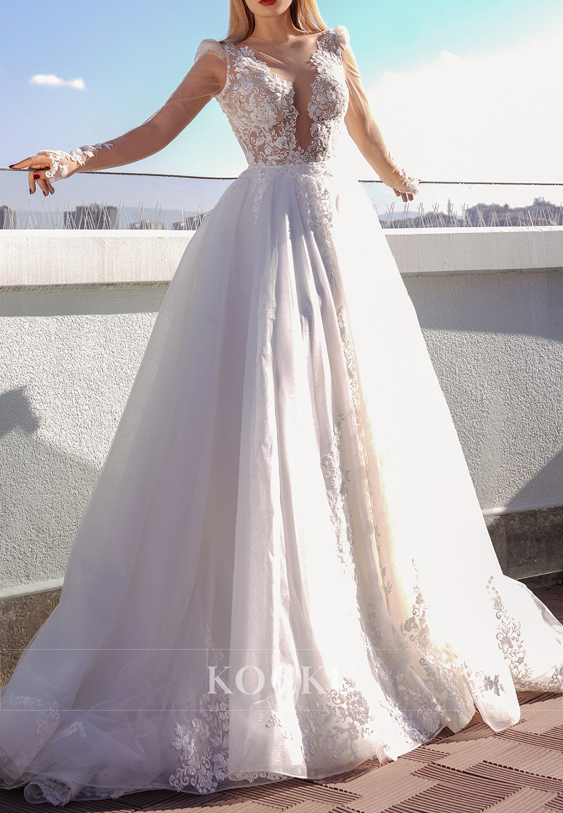 Romantic Sheer Sleeve & Back Tulle Wedding Dress with Lace Embroidery & Train