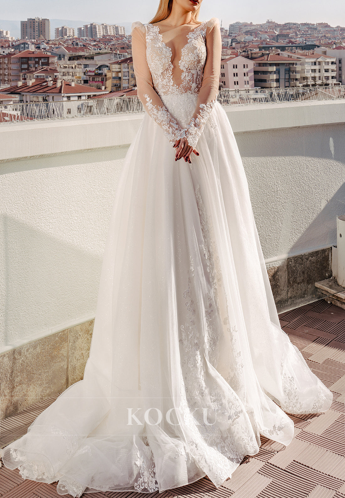 Romantic Sheer Sleeve & Back Tulle Wedding Dress with Lace Embroidery & Train