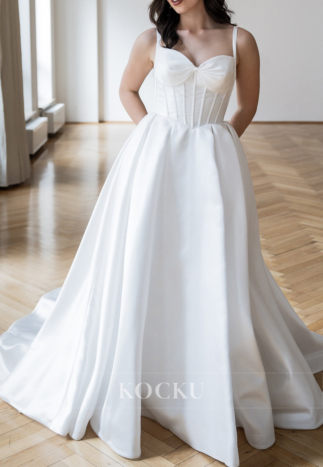 Spaghetti - Strap Sweetheart Neckline Satin Ball Gown Wedding Dress with Open Back & Pockets
