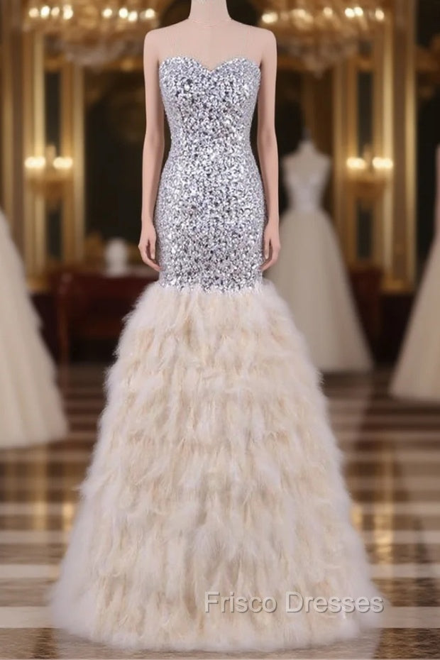 Feather Mermaid Evening Dress Crystals Bling Formal Prom Party Dress