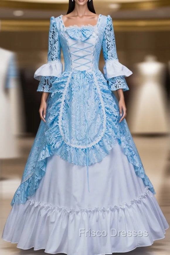 Find The Perfect Shade Of Blue Lace White Satin Square Long Sleeve Victorian Dress Party Dress