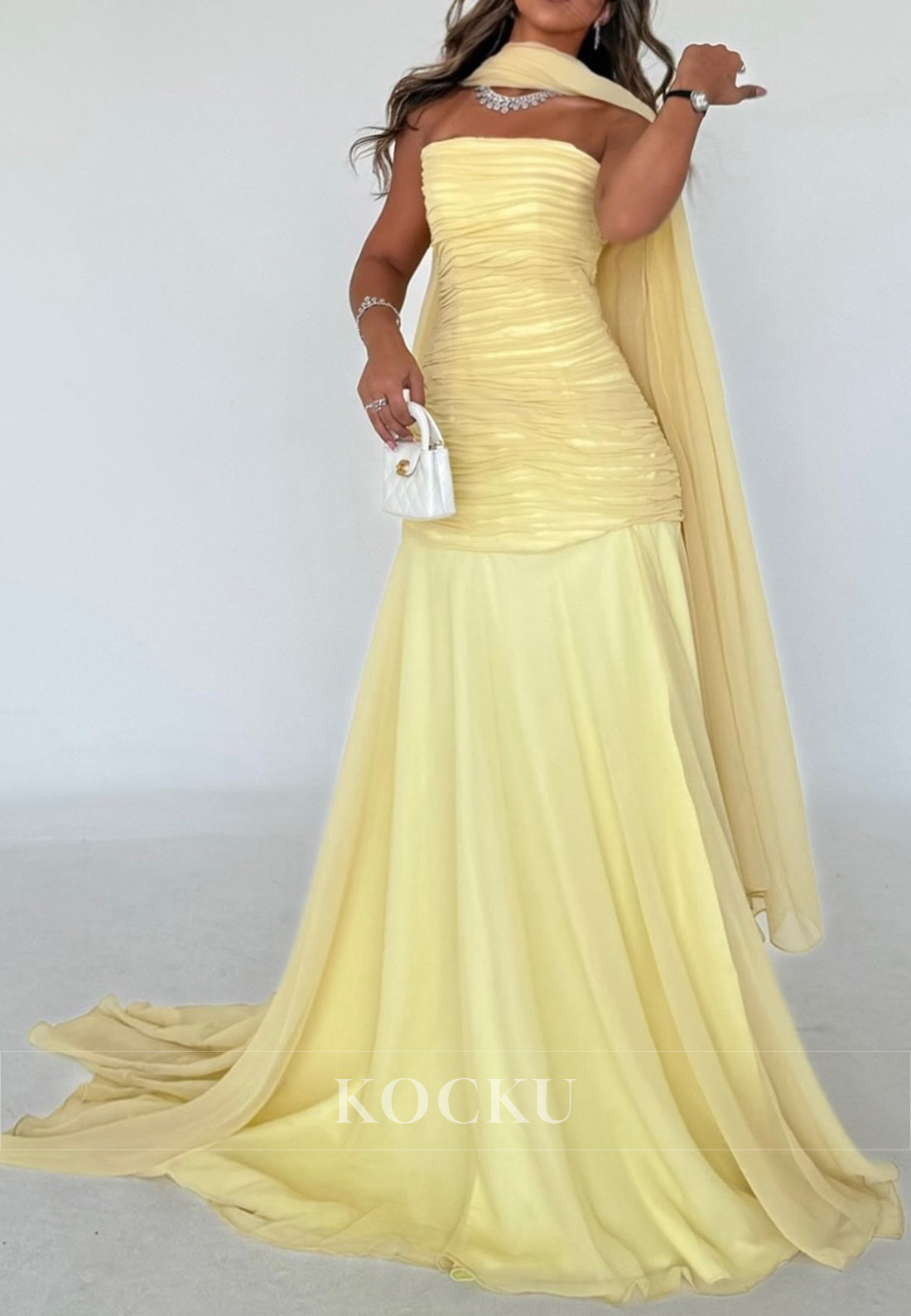 Yellow Strapless Ruched Sheath Formal Evening Dress with Slit and Scarf