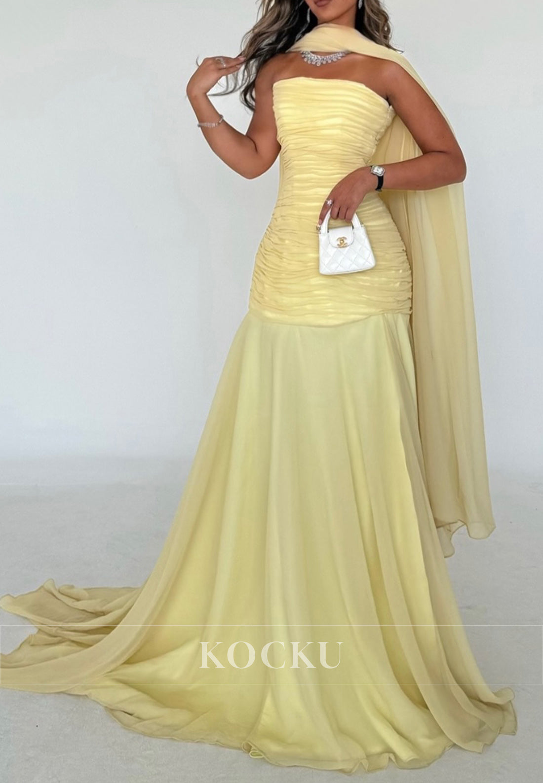 Yellow Strapless Ruched Sheath Formal Evening Dress with Slit and Scarf