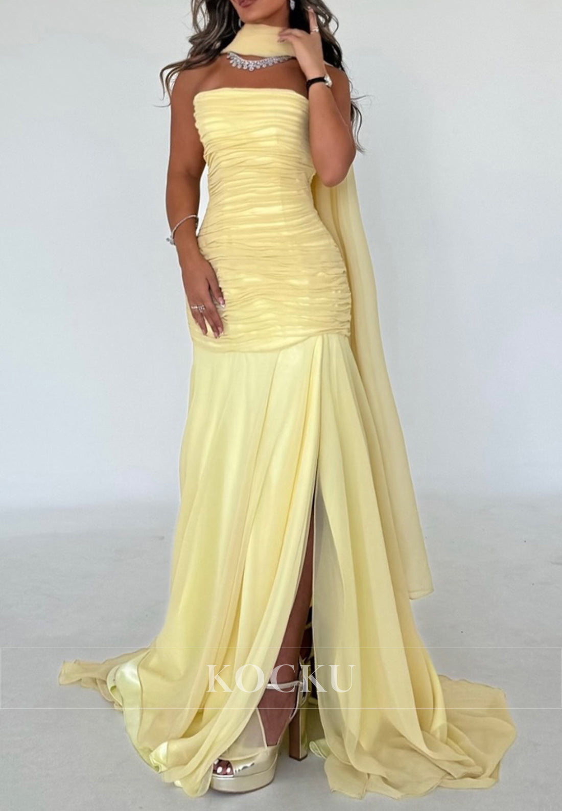 Yellow Strapless Ruched Sheath Formal Evening Dress with Slit and Scarf