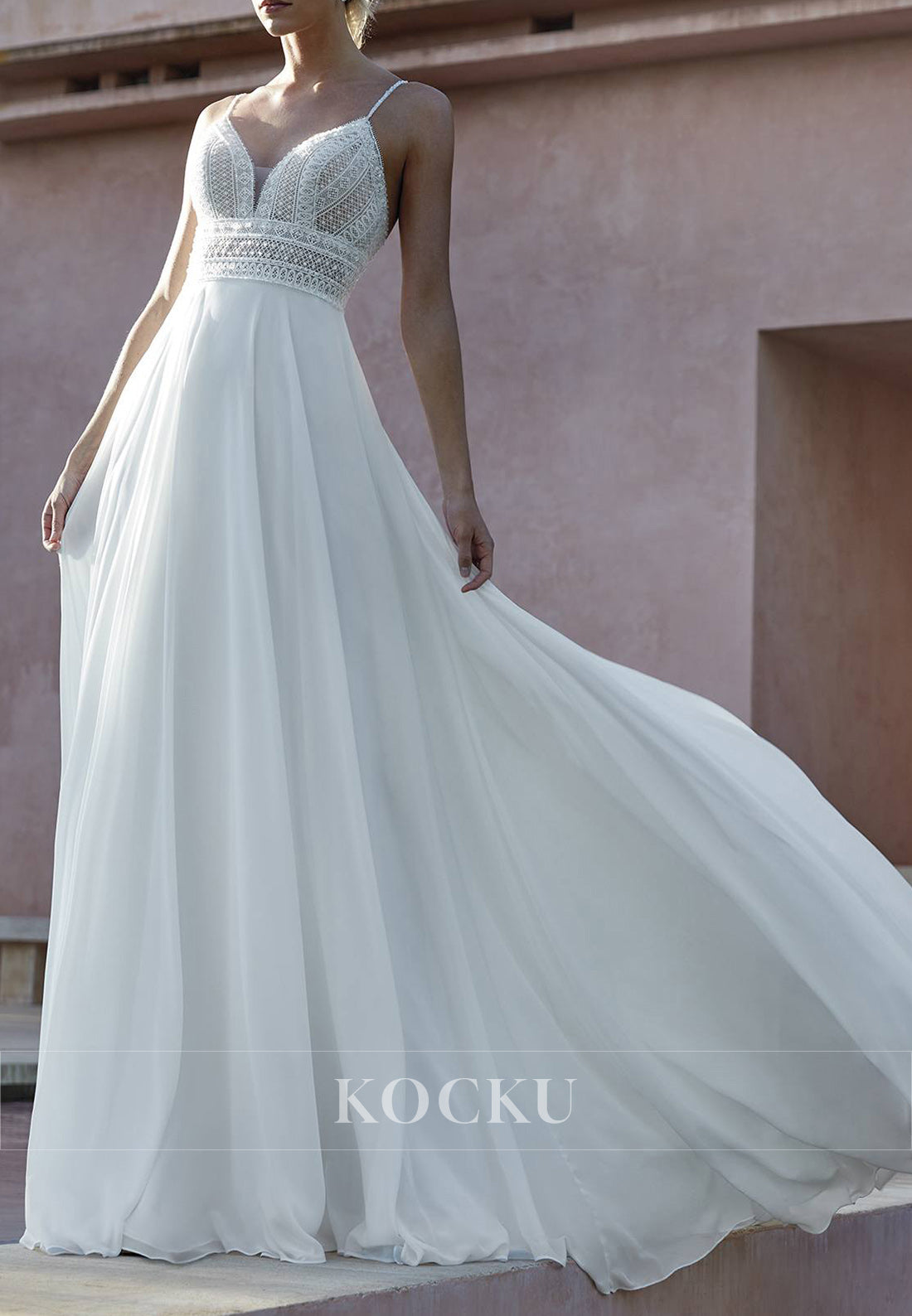 Spaghetti Strap Deep V - Neck Wedding Dress with Lace - Embellished Bodice & Train