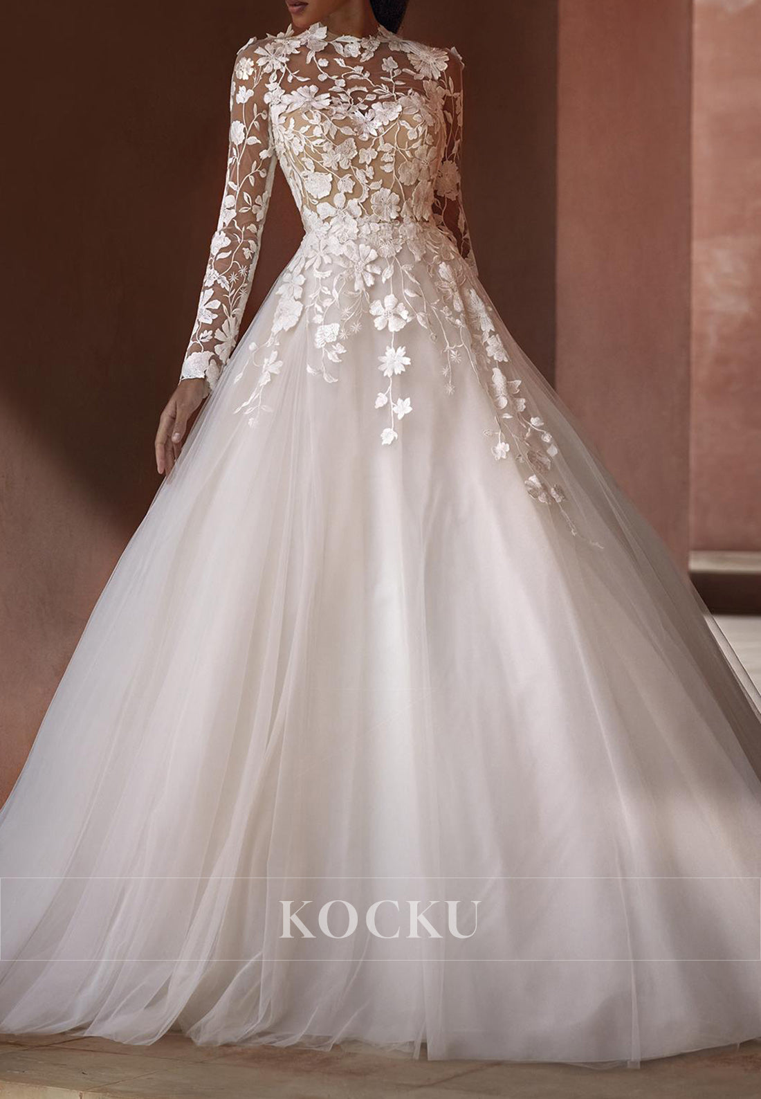 Romantic Long Sleeve Open Back Wedding Dress with Sheer Floral Bodice & Ball Gown Skirt