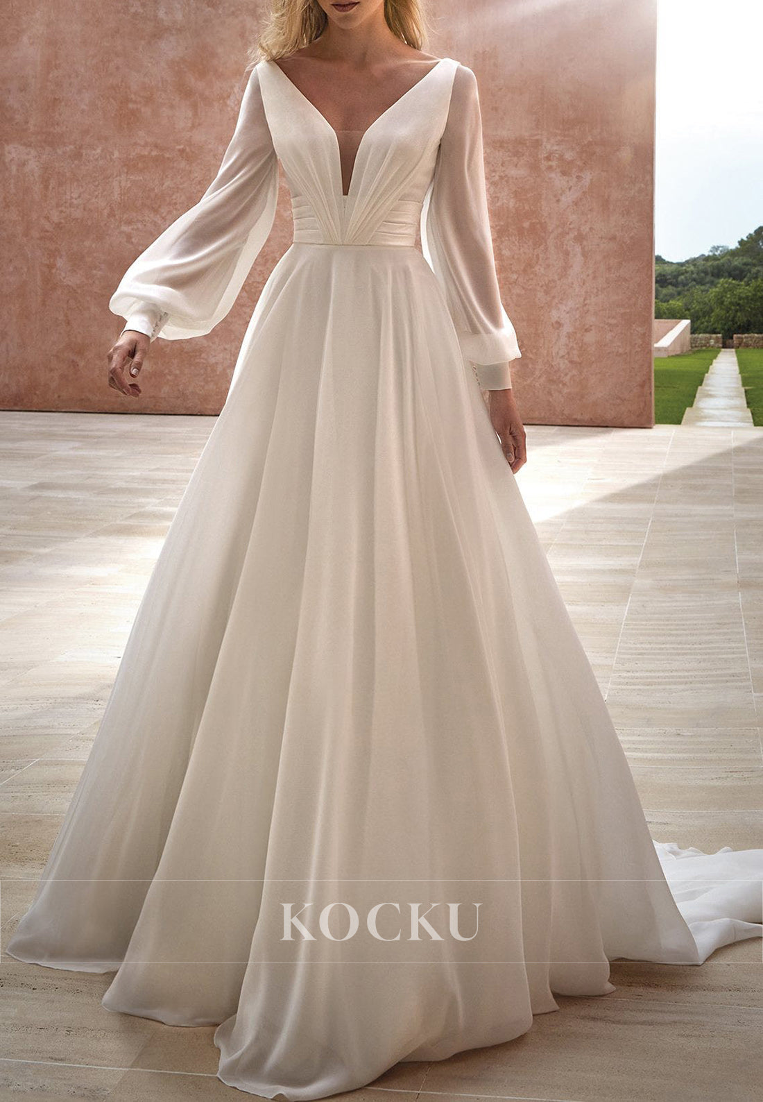 Deep V - Neck Backless Chiffon Wedding Dress with Bishop Sleeves & Train