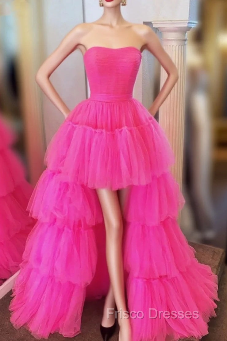 Fuchsia A-line High Low Strapless Tulle Formal Prom Dress with Ruffles