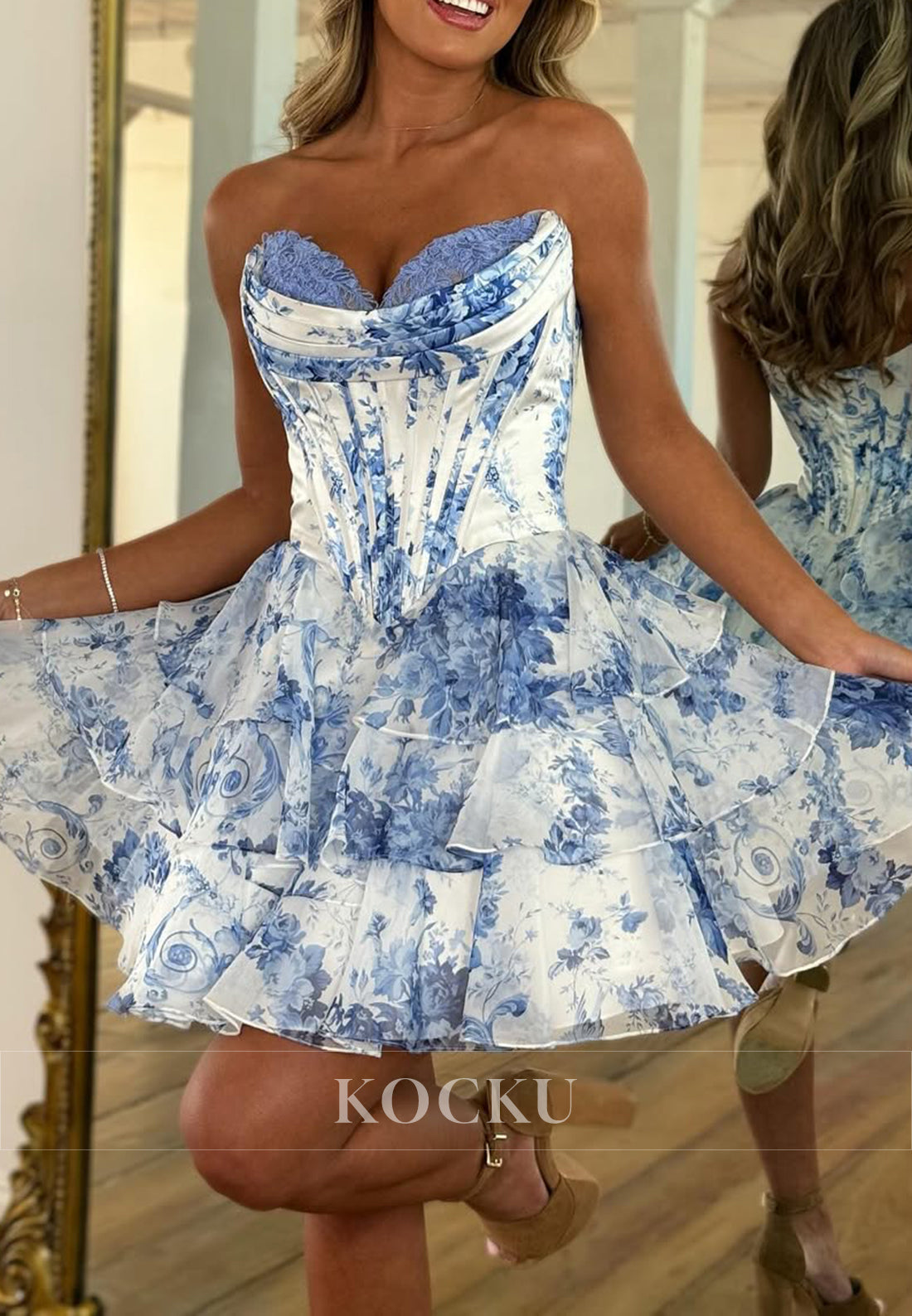 A-Line Strapless Sweetheart Print Flowers Homecoming Dresses
