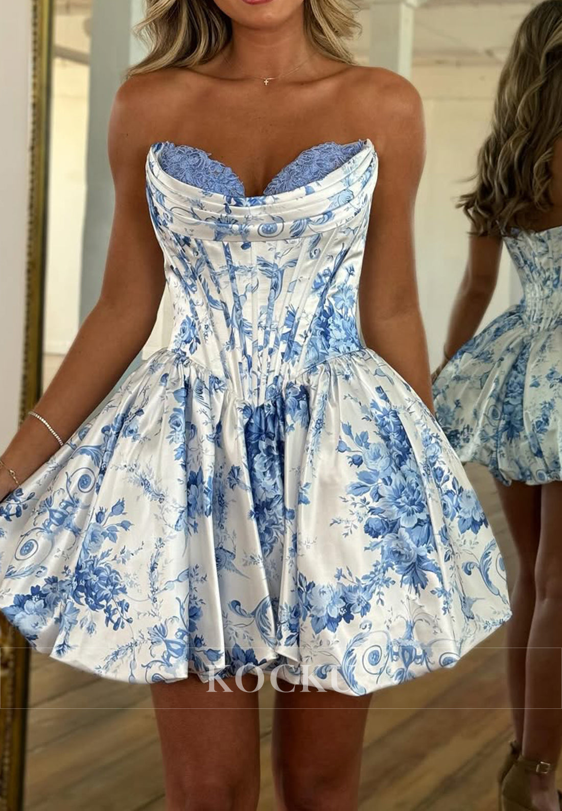 A-Line Strapless Sweetheart Print Pleated Petite Homecoming Dresses