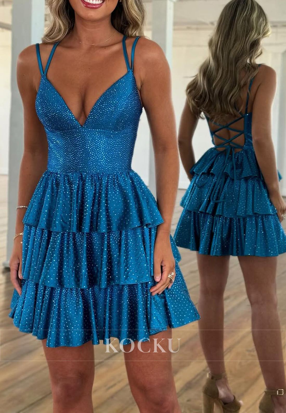 A-Line Spaghetti Straps V Neck Pleated Homecoming Dresses