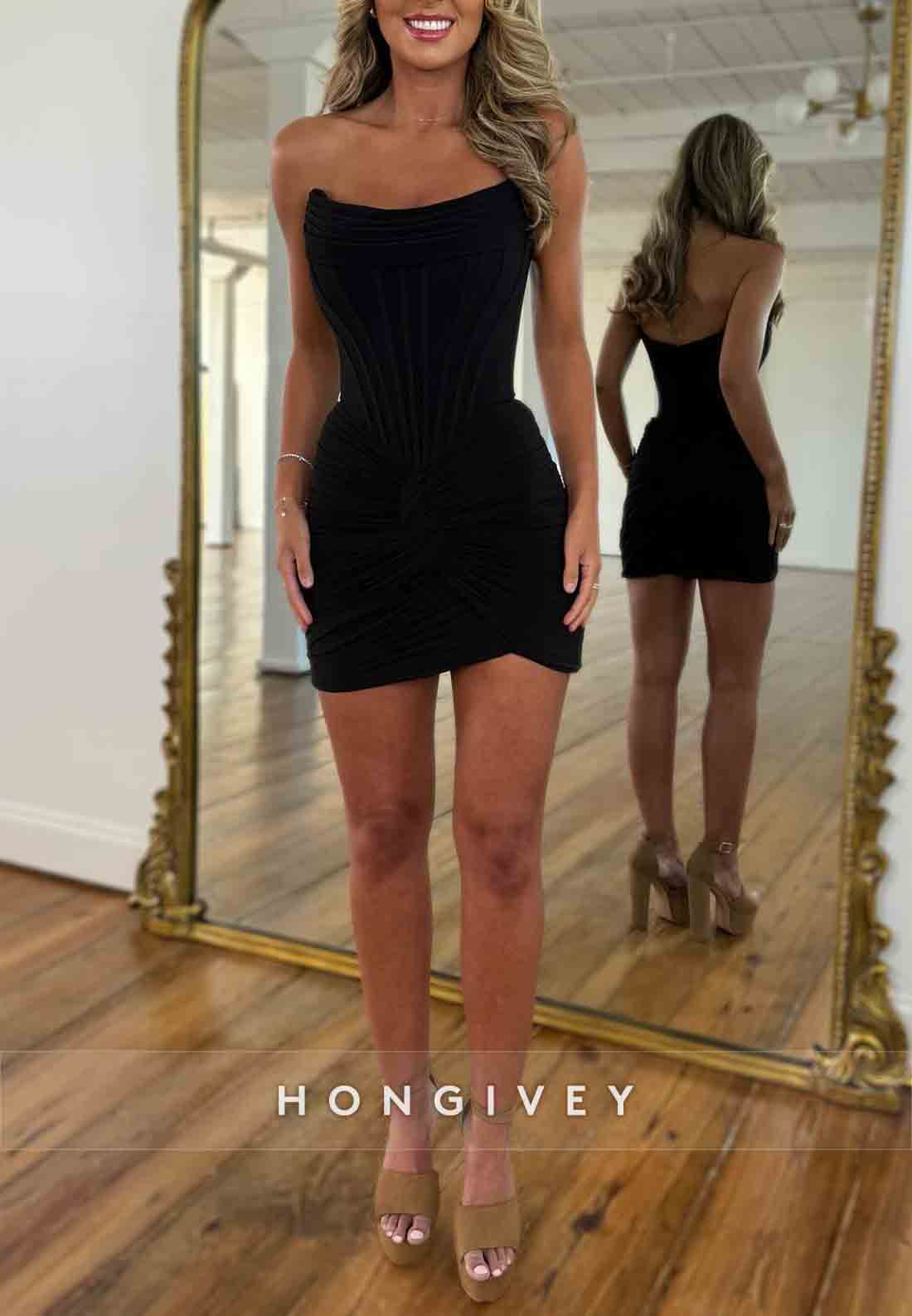 Black Strapless Mini Bodycon Low Back Homecoming Dress with Ruffles