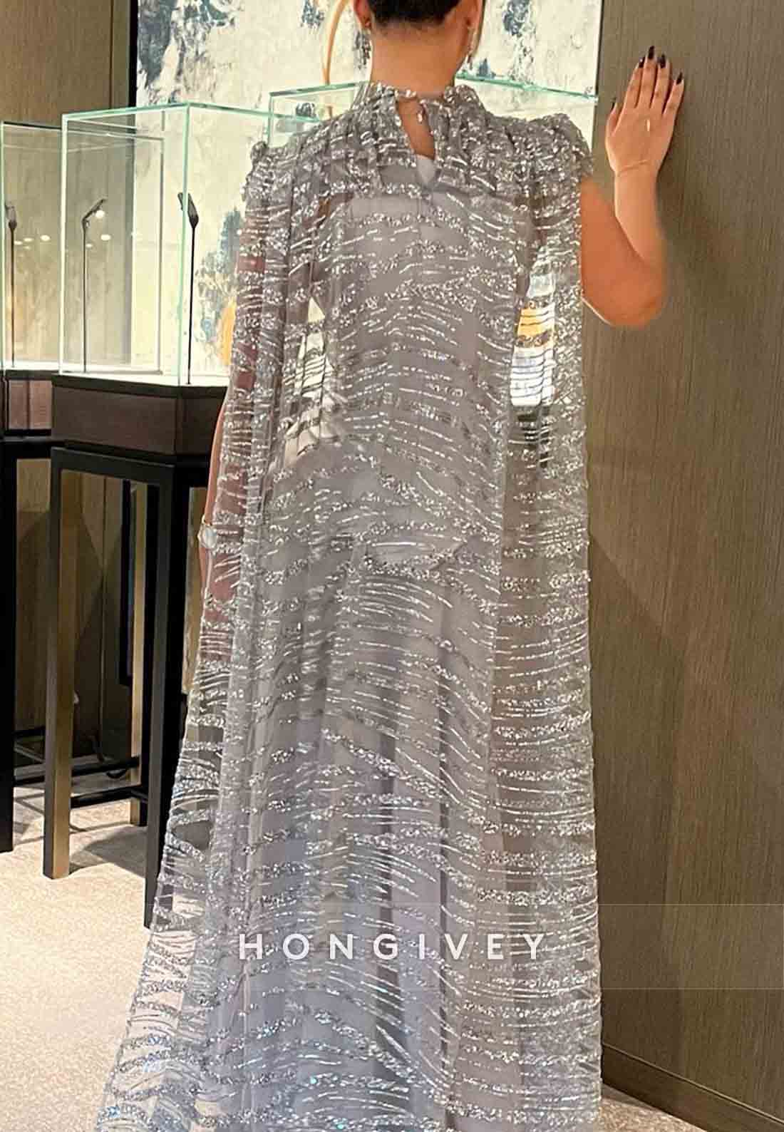 A-Line Cloak A-Line with Metallic Yarn Sleeveless Pleated Evening Gown