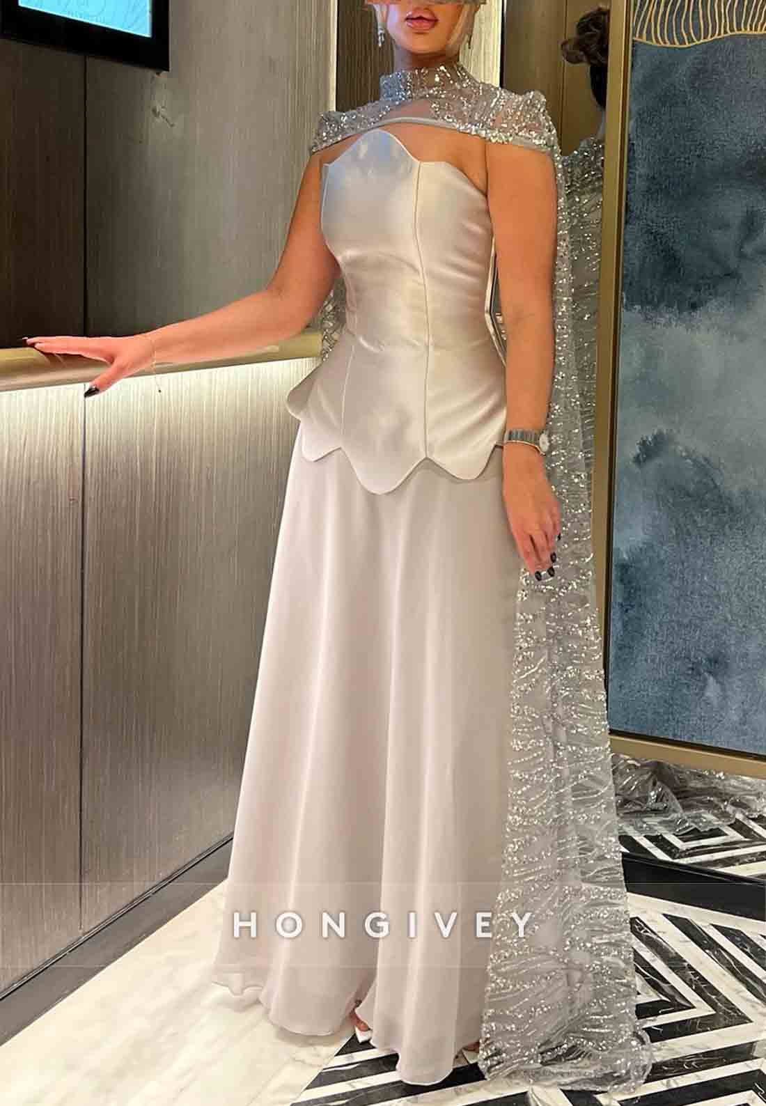 A-Line Cloak A-Line with Metallic Yarn Sleeveless Pleated Evening Gown