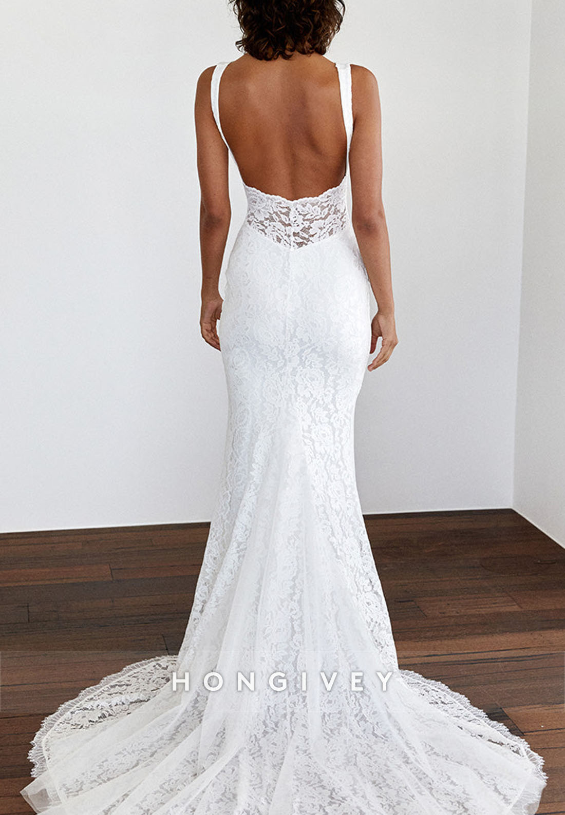 High Slit Backless Trumpet Scalloped Neck Lace Wedding Dresses