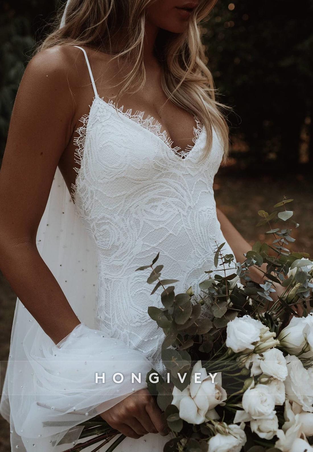 V Neck Spaghetti Straps Lace Mermaid Low Back Chapel Train Beach Wedding Dresses