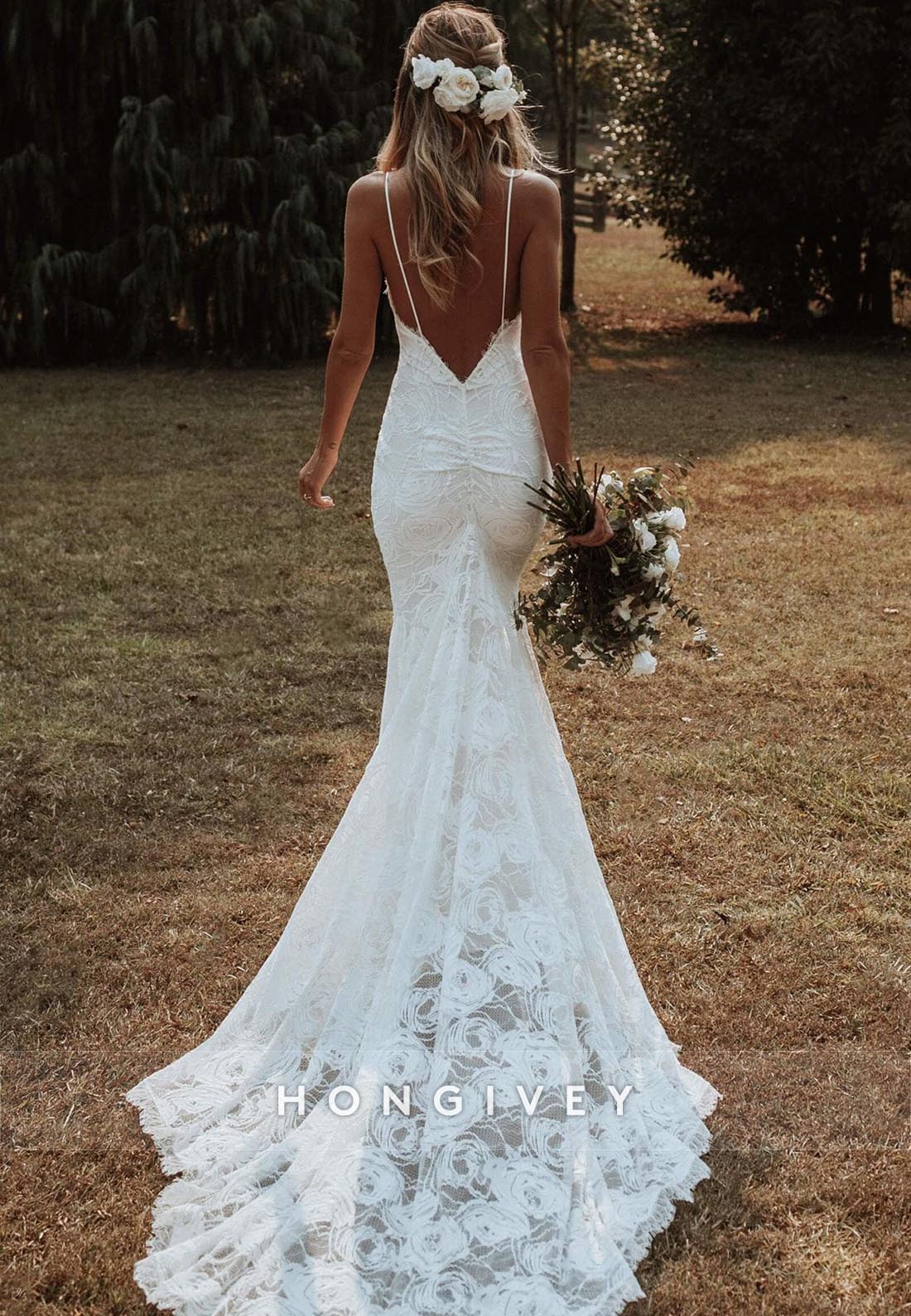 V Neck Spaghetti Straps Lace Mermaid Low Back Chapel Train Beach Wedding Dresses